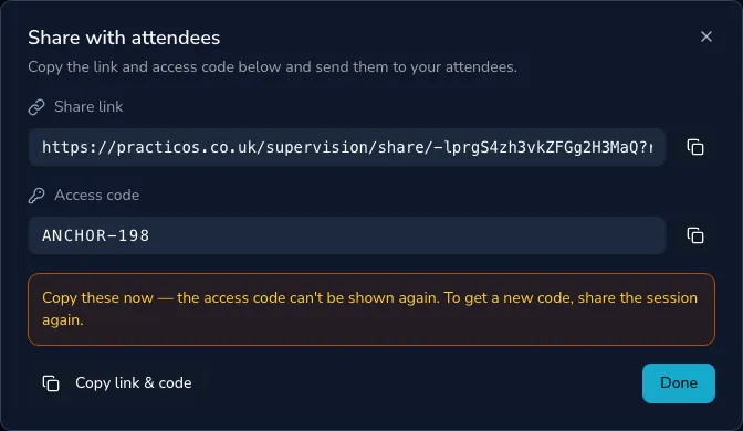 The share-with-attendees dialog showing the share link and access code